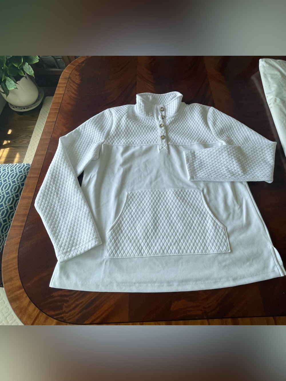 TALBOTS White Quilted knit Pullover with Button Mock Neck